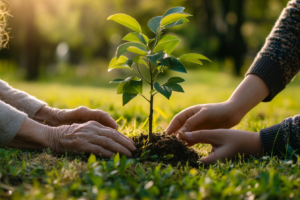 Older and younger hands planting a young memorial tree in green grass, symbolizing legacy and sustainable end-of-life planning