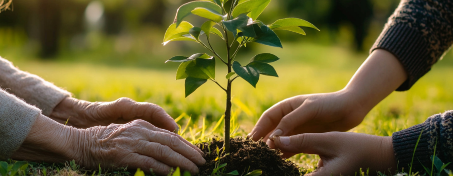 Older and younger hands planting a young memorial tree in green grass, symbolizing legacy and sustainable end-of-life planning