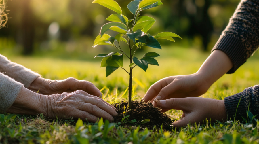 Older and younger hands planting a young memorial tree in green grass, symbolizing legacy and sustainable end-of-life planning