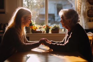 Adult daughter holding hands with her elderly mother across a sunlit kitchen table