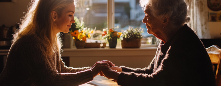 Adult daughter holding hands with her elderly mother across a sunlit kitchen table