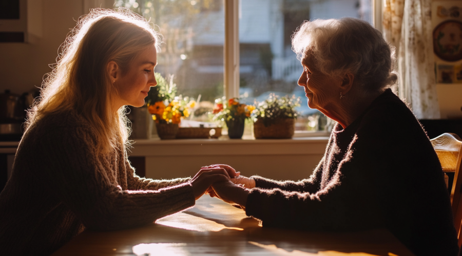 Adult daughter holding hands with her elderly mother across a sunlit kitchen table